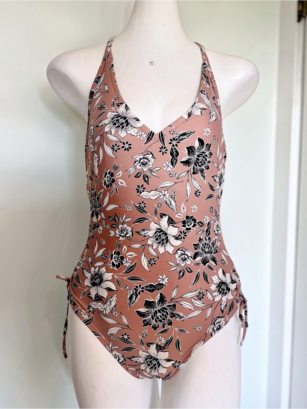 Kona Sol Small Mauve Floral One Piece Swimsuit Ruched Tie Sides Cross Back